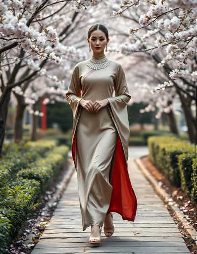 A woman is walking down a path lined with cherry blossom trees and bushes on the right side of the image. She is wearing a long, flowing dress that contrasts with her white shoes. The background features a serene garden setting with pink flowers in full bloom.