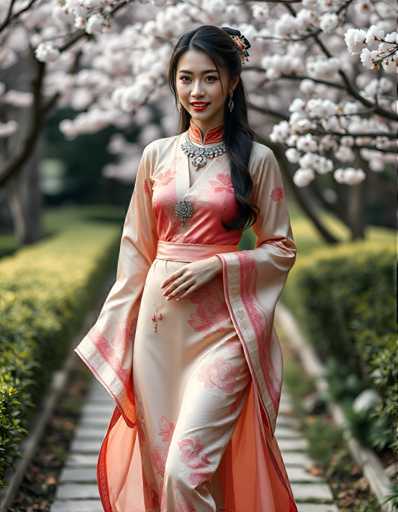 A woman is walking down a path lined with cherry blossom trees and bushes. She is wearing a pink dress with white flowers on the sleeves and a gold necklace around her neck. The background features a garden setting with green bushes and trees.