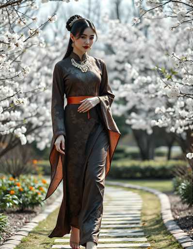 A woman is walking down a path lined with white flowers and trees. She is wearing a long brown dress with an orange belt cinched at the waist, and her hair is styled in an elegant updo. The background features more of the same white flowers and trees that line the path she's on.