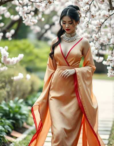 A woman is walking down a path through a garden, wearing an orange dress with red trim and a gold necklace.