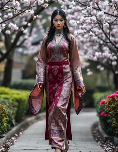 A woman is walking down a path lined with pink flowers and trees, wearing a traditional Chinese dress that includes a red and gold patterned skirt and a matching red and gold headpiece.