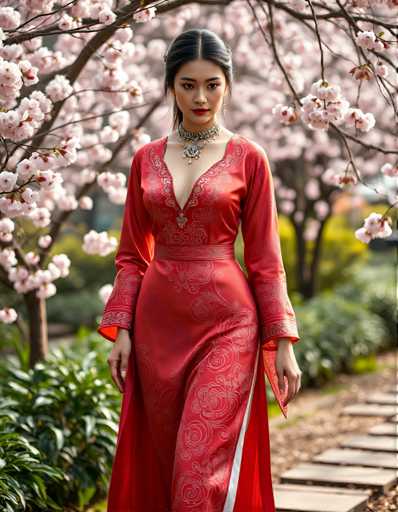 A woman is walking down a path lined with pink cherry blossom trees and wearing a red dress with a floral pattern.