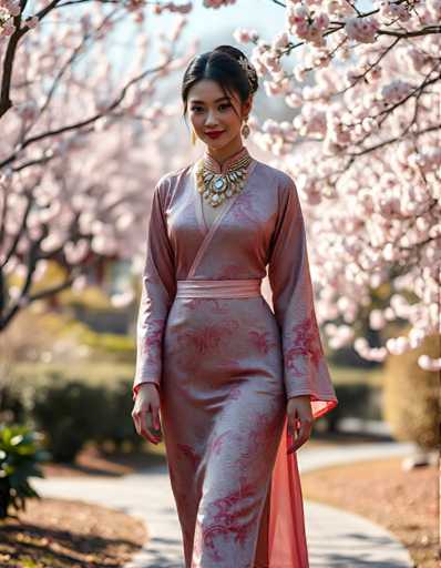 A woman is walking down a path lined with cherry blossom trees and pink flowers. She is wearing a pink dress with a floral pattern and gold jewelry.