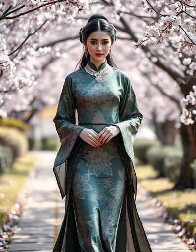 A woman is walking down a path lined with cherry blossom trees and white buildings. She is wearing a long green dress with gold accents and a matching headpiece. The background features the pink blossoms of the cherry trees in full bloom against a light blue sky.
