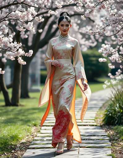 A woman is walking down a path lined with cherry blossom trees and pink flowers. She is wearing an orange and gold dress with a long train that flows behind her as she strides forward. The background features the same pink blossoms in full bloom, creating a serene and picturesque setting for the scene.