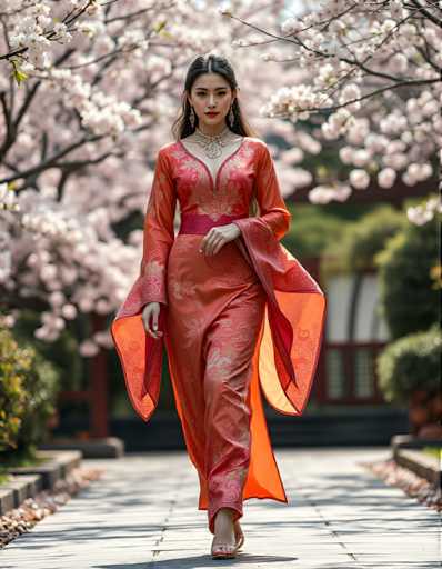 A woman is walking down a path lined with cherry blossom trees and pink flowers. She is wearing an orange dress with a red sash around her waist and gold earrings.