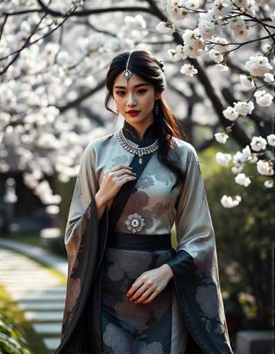 A young woman is captured in a moment of quiet contemplation amidst nature's beauty. She stands on the left side of the frame, her gaze directed towards something off-camera. Her attire consists of a long dress adorned with intricate floral patterns and a necklace that adds an elegant touch to her appearance. The background features trees laden with white flowers, creating a serene atmosphere around her.