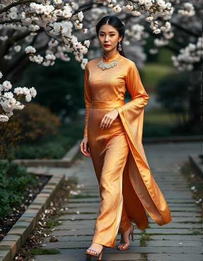 A woman is walking down a path lined with white flowers and trees. She is wearing an orange dress that reaches her knees, and high heels. The background features a tree-lined walkway with white flowers on the right side of the image.