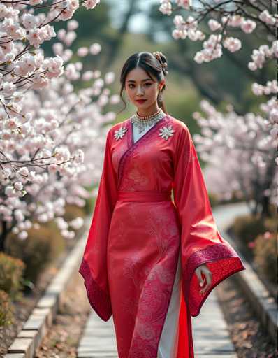 A woman is walking down a path lined with cherry blossom trees and pink flowers. She is wearing a traditional Chinese dress that features red and white colors, including a long skirt and a collar. The background of the image shows more cherry blossoms in full bloom, creating a serene and picturesque setting for the woman's journey.