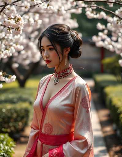 A woman dressed in traditional Chinese clothing stands in a garden surrounded by cherry blossom trees and shrubs. She is wearing a pink dress with a red collar and a matching red headband. The background features white flowers and green bushes, creating a serene and picturesque setting for the scene.