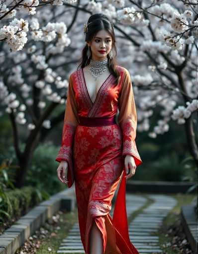 A woman is walking down a path lined with cherry blossom trees and white flowers. She is wearing a red kimono with gold accents and a matching red headpiece. The background features the same cherry blossoms in full bloom as well as some greenery.