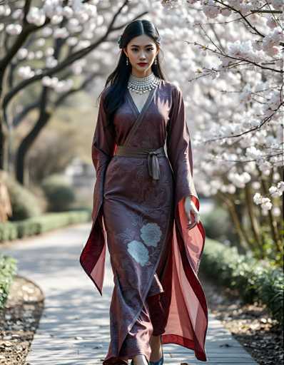 A woman is walking down a path lined with cherry blossom trees and white flowers. She is wearing a long purple dress with a floral pattern on the skirt and a matching headpiece. The background features a tree-lined street with a building visible in the distance.