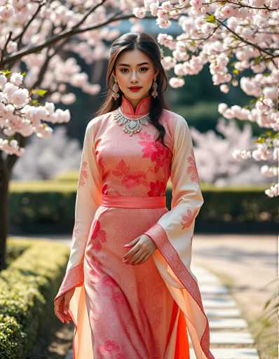 A young woman is walking down a path lined with cherry blossom trees and bushes. She is wearing a pink dress with white sleeves and a matching pink belt. The background features the same pink color as her dress, creating a harmonious color scheme throughout the scene.
