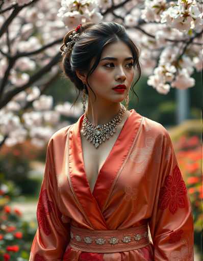 A woman is standing against a backdrop of cherry blossom trees and white flowers. She is wearing an orange kimono with red floral patterns on the sleeves and a gold necklace. The background features pink and white flowers in full bloom.
