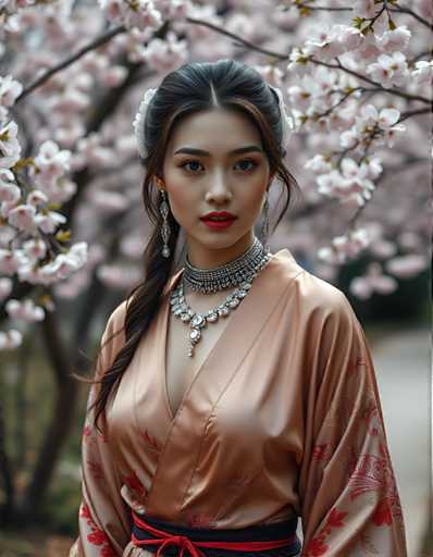 A young woman with long dark hair is the main subject of this image. She is wearing a traditional Chinese dress that features red and gold floral patterns on the sleeves and collar. The dress has a deep pink color, which contrasts beautifully with her black hair. The woman is also wearing a necklace made of silver and white pearls, adding an elegant touch to her appearance.