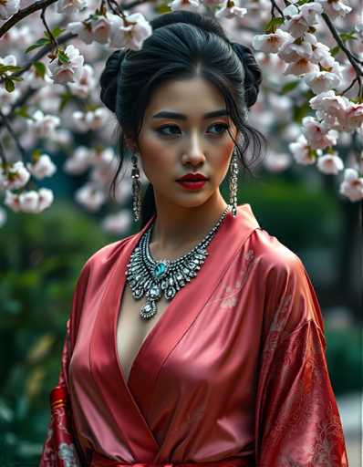 A woman is captured in a moment of quiet contemplation, her gaze directed off to the side and her lips painted a bold red lipstick. She's dressed in an elegant pink kimono that flows down to her feet, adorned with a silver necklace and earrings. The backdrop is a serene garden filled with cherry blossom trees, their branches heavy with delicate pink flowers.