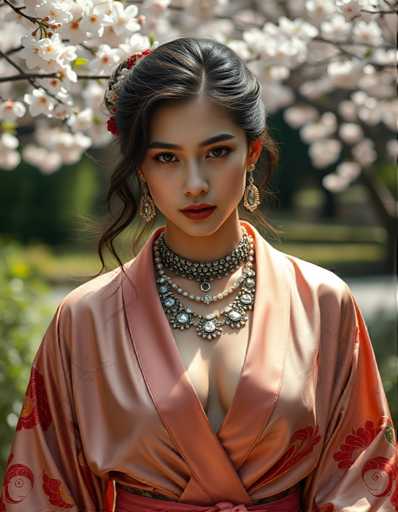 A woman is captured in a moment of quiet contemplation against the backdrop of a cherry blossom tree. She wears an orange kimono with red and white floral patterns on the sleeves, and a necklace made up of multiple pearls that sparkle subtly as she gazes directly into the camera.