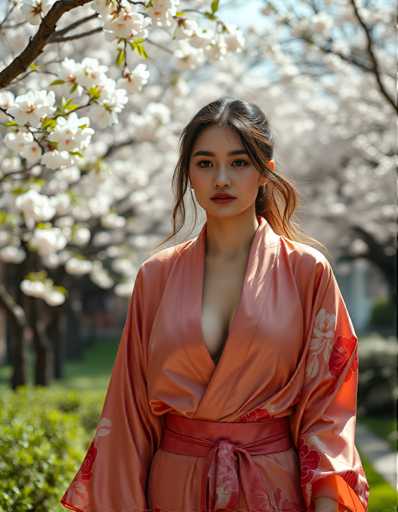 A young woman is standing in front of a tree with white flowers and wearing an orange kimono with pink floral designs on the sleeves.