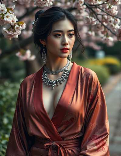 A woman is captured in a moment of quiet contemplation, standing alone under the shelter of a cherry blossom tree with pink flowers blooming around her. She wears an orange kimono that contrasts beautifully against the backdrop of the blossoms and greenery surrounding her. The woman's hair is styled in an elegant updo, adding to the overall aesthetic of the scene.