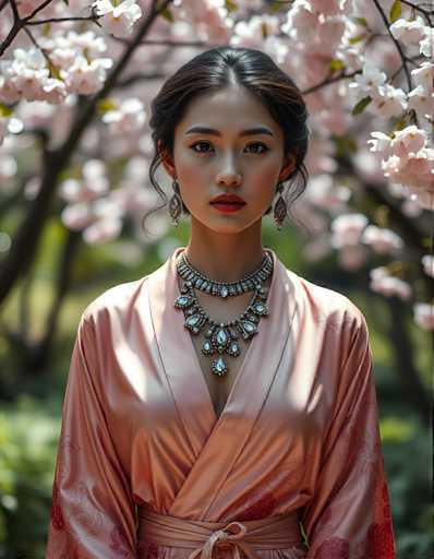 A young woman is captured in a moment of quiet contemplation under the sheltering canopy of cherry blossom trees. She wears a pink kimono with a red and white patterned design, complemented by a silver necklace that features a large pendant. The background is blurred, but it's clear that she stands amidst nature, surrounded by the delicate pink blossoms characteristic of cherry blossoms in full bloom.