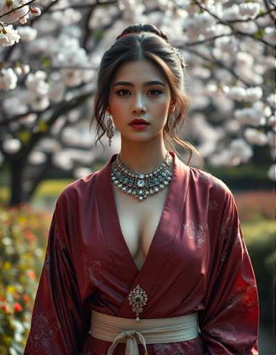 A woman is standing against a backdrop of cherry blossoms and trees with white flowers. She is wearing a red kimono that has a gold brooch on the neckline. The background features pink and green hues from the cherry blossoms and trees.