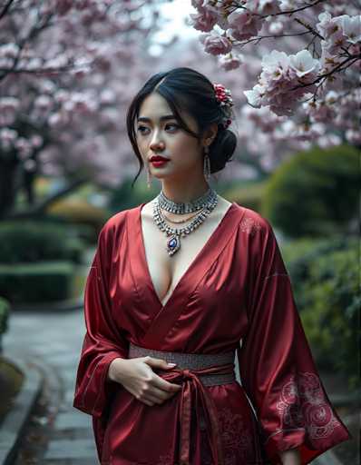 A woman is standing on a sidewalk next to a tree with pink flowers and wearing a red kimono with a gold belt and matching earrings.