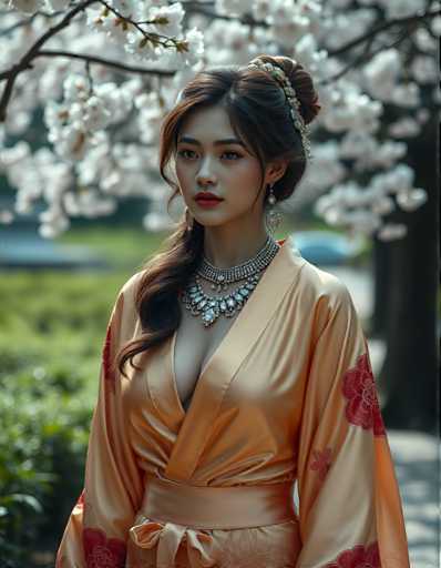 A woman is captured in a moment of quiet contemplation, standing against the backdrop of a tree with white flowers and green leaves. She is dressed in an elegant gold kimono that features red accents on the sleeves and collar. The woman's hair is styled in loose waves, adding to her graceful appearance. A silver necklace adorns her neck, and she wears earrings that complement her attire.
