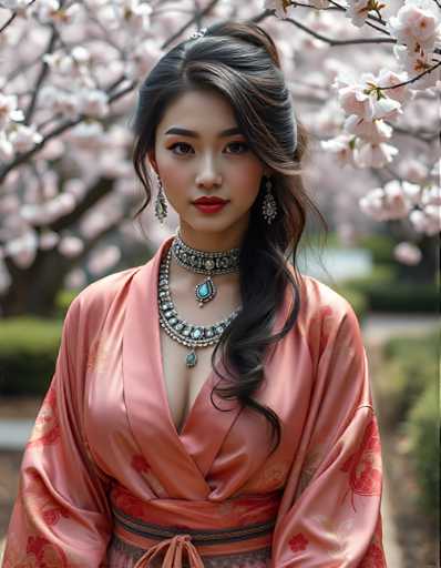A woman is standing in front of a cherry blossom tree with pink flowers and wearing a pink kimono with gold accents and a necklace featuring a blue gemstone pendant.