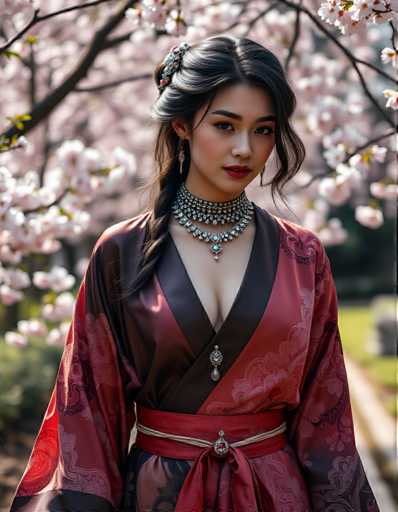 A young woman is captured in a moment of quiet contemplation under the sheltering canopy of cherry blossom trees. She wears a traditional Chinese dress with a deep red and black color scheme that contrasts beautifully against the backdrop of the blossoming trees. The dress features a high neckline, cinched at the waist by a belt adorned with a gold buckle. A necklace made of pearls graces her neck, adding an elegant touch to her attire. Her hair is styled in loose waves, and she wears red lipstick that adds a pop of color to her look. The cherry blossom trees behind her are in full bloom, their pink petals creating a stunning backdrop for this serene moment.