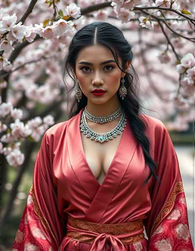 A woman is standing against a backdrop of cherry blossoms and trees with pink flowers. She is wearing a red kimono that has a gold chain around her neck and earrings on her ears. The image also contains the text "What, Who, Where, When, How".