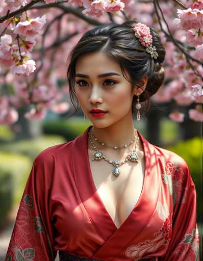 A woman is captured in a moment of quiet contemplation, her gaze directed off to the side with an air of serene elegance. She's adorned in a traditional Japanese kimono, its vibrant red color contrasting beautifully against the backdrop of pink cherry blossoms that surround her. The kimono features intricate floral patterns and delicate gold accents, adding to the overall aesthetic appeal of the image. A single flower is visible on the left side of the photo, perhaps serving as a symbol or representation of the transient beauty of life.