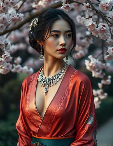 A woman is captured in a moment of quiet contemplation under a cherry blossom tree. She wears an orange kimono with a green collar and gold earrings that glint subtly against the soft pink hues of the blossoms around her. The background features a blurred garden, adding depth to the scene.