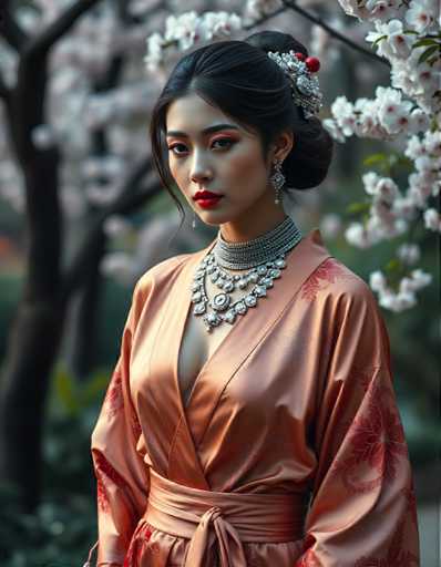 A woman is standing against a backdrop of cherry blossom trees and white flowers. She is wearing an orange kimono with red and gold accents, and a silver necklace and earrings. The image has a vintage feel to it, suggesting that the photo was taken in the past.