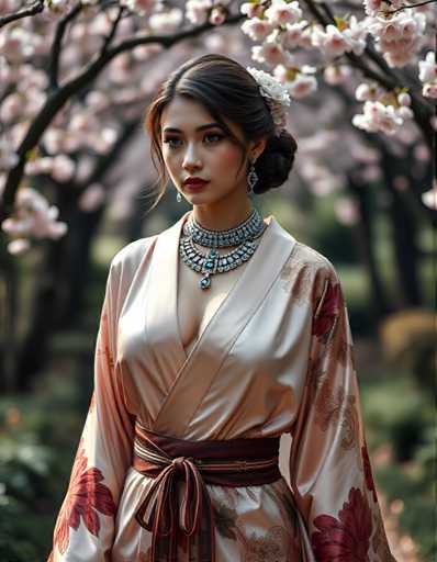 A woman is captured in a moment of quiet contemplation amidst nature's beauty. She wears a traditional Japanese kimono with a red and gold patterned design that contrasts beautifully against the lush greenery surrounding her. The kimono is tied at the waist with a matching red belt, adding to its elegance. A white flower adorns her hair, further enhancing the traditional aesthetic of the scene. Her gaze is directed off to the side, suggesting she is lost in thought or simply enjoying the serene atmosphere around her.