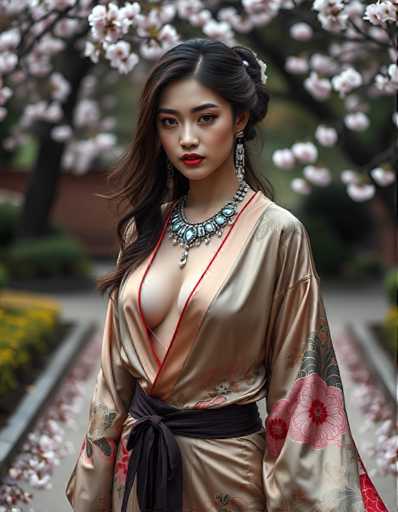 A woman is standing in front of a garden with cherry blossom trees and pink flowers. She is wearing a traditional Japanese kimono that has a red and black floral pattern on the sleeves and a black sash around her waist. The woman also wears a necklace made of blue stones, earrings, and a large pendant.