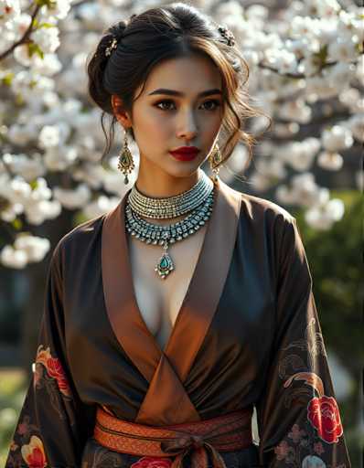 A woman is standing against a backdrop of white flowers and trees with pink and red hues. She is wearing a brown kimono with a floral pattern on the sleeves and a gold necklace that includes a pendant in the shape of a flower. The woman has dark hair styled in an updo, and she is looking directly at the camera.