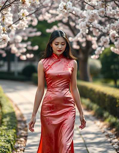 A woman is walking down a sidewalk lined with trees and bushes on a sunny day. She is wearing a red dress that has a floral pattern and a high neckline. The background features white flowers in full bloom against the green foliage of the trees.