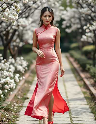 A woman is walking down a path lined with cherry blossom trees and white flowers. She is wearing a pink dress with a high neckline and long sleeves, paired with red heels. The background features the same cherry blossoms in full bloom as well as other trees and bushes.
