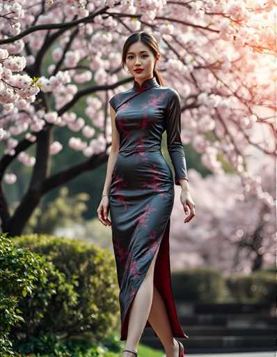 A woman is walking down a path through a park during cherry blossom season. She is wearing a long black dress with red accents and high heels. The background features trees with pink flowers in full bloom against a clear blue sky.
