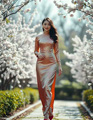 A woman is walking down a path lined with cherry blossom trees and bushes. She is wearing an orange dress that contrasts with the white flowers around her. The background features a light green wall and more cherry blossoms in various stages of bloom.