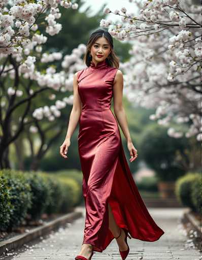 A woman is walking down a path lined with cherry blossom trees and white flowers. She is wearing a long red dress that falls to her knees, and high heels. The background features the same cherry blossoms in full bloom, creating a serene and picturesque setting for the scene.