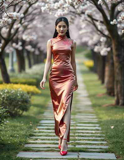 A woman is walking down a path lined with cherry blossom trees and bushes on the right side of the image. She is wearing a red dress that contrasts with the surrounding greenery. The background features white flowers in full bloom, adding to the overall beauty of the scene.