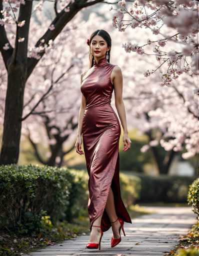 A woman is walking down a path lined with cherry blossom trees and bushes, wearing a red dress that matches the pink flowers around her.