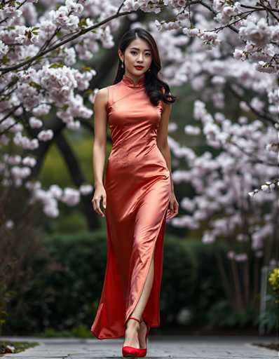 A woman is walking down a path lined with cherry blossom trees and pink flowers. She is wearing an orange dress that reaches her knees, and red high heels. The background features white flowers against a green bush.