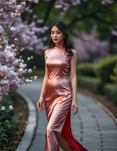 A woman is walking down a path lined with cherry blossom trees and pink flowers. She is wearing a long red dress that falls just below her knees, and she has her hair styled in an elegant updo. The background features the same pink flowers as the foreground, creating a harmonious color palette throughout the image.