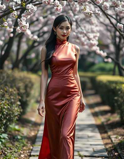 A woman is walking down a path lined with cherry blossom trees and bushes. She is wearing an orange dress that contrasts with the pink flowers surrounding her. The background features a lush green bush and a tree in full bloom.
