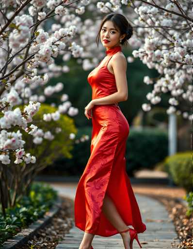 A woman is standing on a brick path surrounded by white flowers and trees with pink blossoms. She is wearing a red dress that has a high neckline and a deep V-neckline, paired with red heels. The background features more of the same white flowers and trees in various stages of bloom.