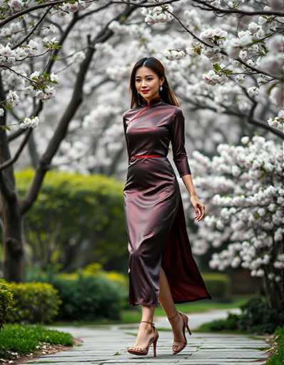 A woman is walking down a path lined with cherry blossom trees and white flowers. She is wearing a long, dark red dress that falls just below her knees, paired with brown high heels. The background features the same cherry blossoms in full bloom, creating a serene and picturesque setting for the scene.