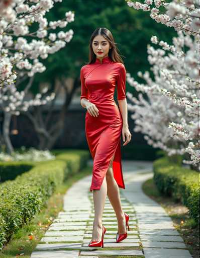 A woman is walking down a path lined with cherry blossom trees and white flowers. She is wearing a red dress that contrasts with the pink blossoms around her. The background features more cherry blossoms in various stages of bloom, creating a serene and picturesque setting for the woman's journey.