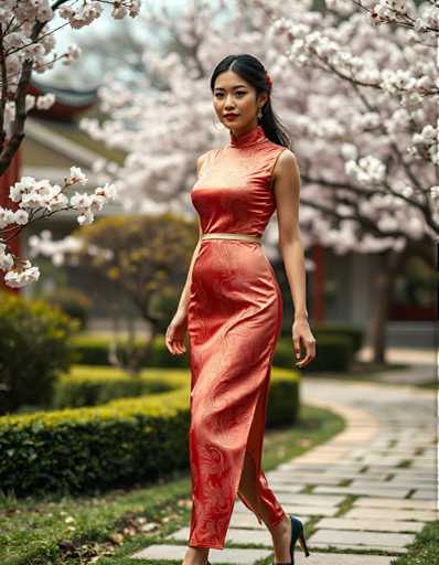 A woman is walking down a path lined with cherry blossom trees and bushes on the right side of the image. She is wearing an orange dress with a deep V-neckline and a high slit at the back that falls to her knees. The background features white flowers in full bloom, adding to the overall beauty of the scene.